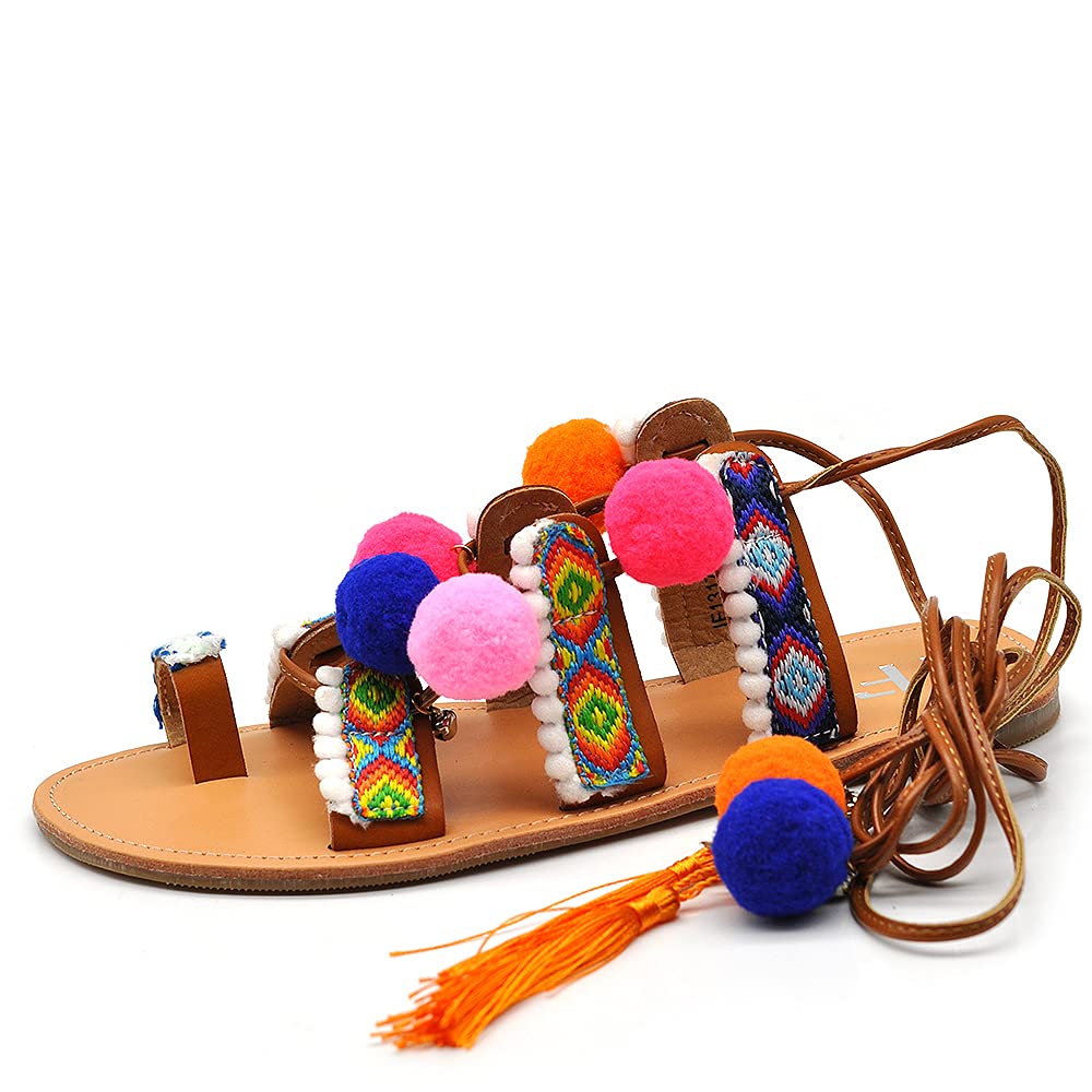 Scarpe Sandali Da Donna Schiava Ibiza Pom Pom Bohémien Frange Colorate IF1317