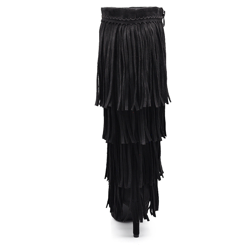 Stivali alti con 3 strati di frange in stile western a punta e tacco a spillo camoscio sintetico GA049