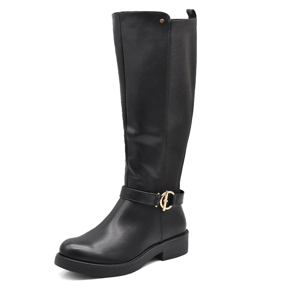 Stivali Donna Cavallerizzi con Inserto Elastico e Fibbia – Stivali Alti Stile Equestre con Zip Laterale 736