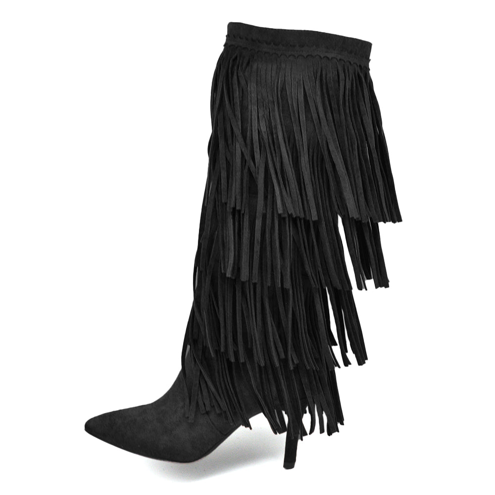 Stivali alti con 3 strati di frange in stile western a punta e tacco a spillo camoscio sintetico GA049