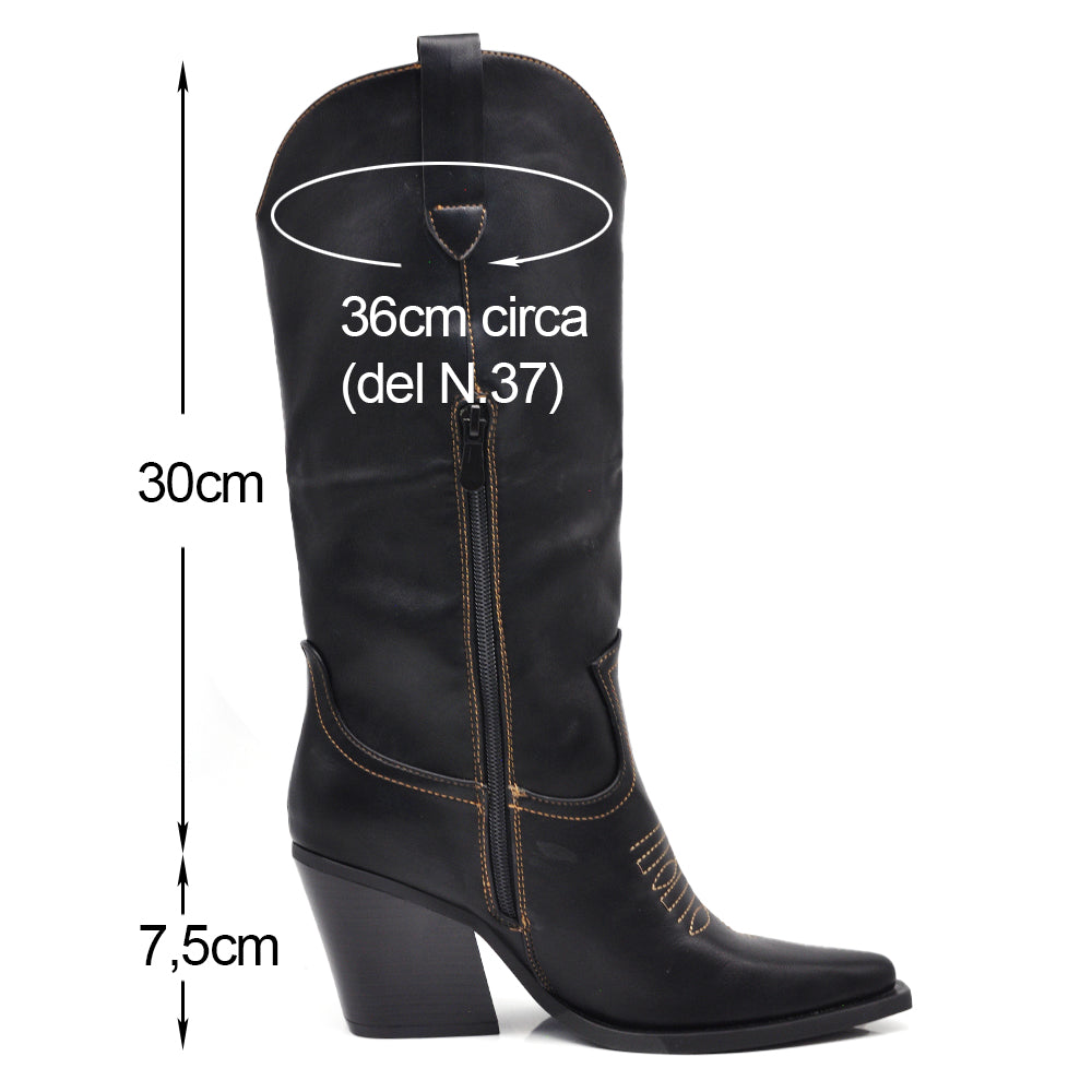 Stivali Texani Donna con Ricamo Floreale Tacco Largo Punta a Mandorla Stivaletti Western MP736-12