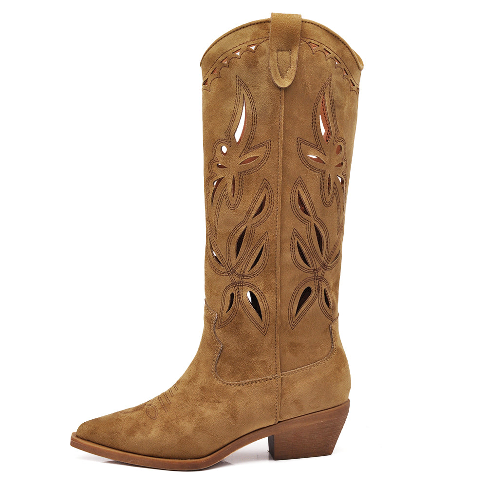 Stivali Alti Primaverili Texani Donna Traforati al Ginocchio – Stivaletti Western con Tacco Basso in gomma
