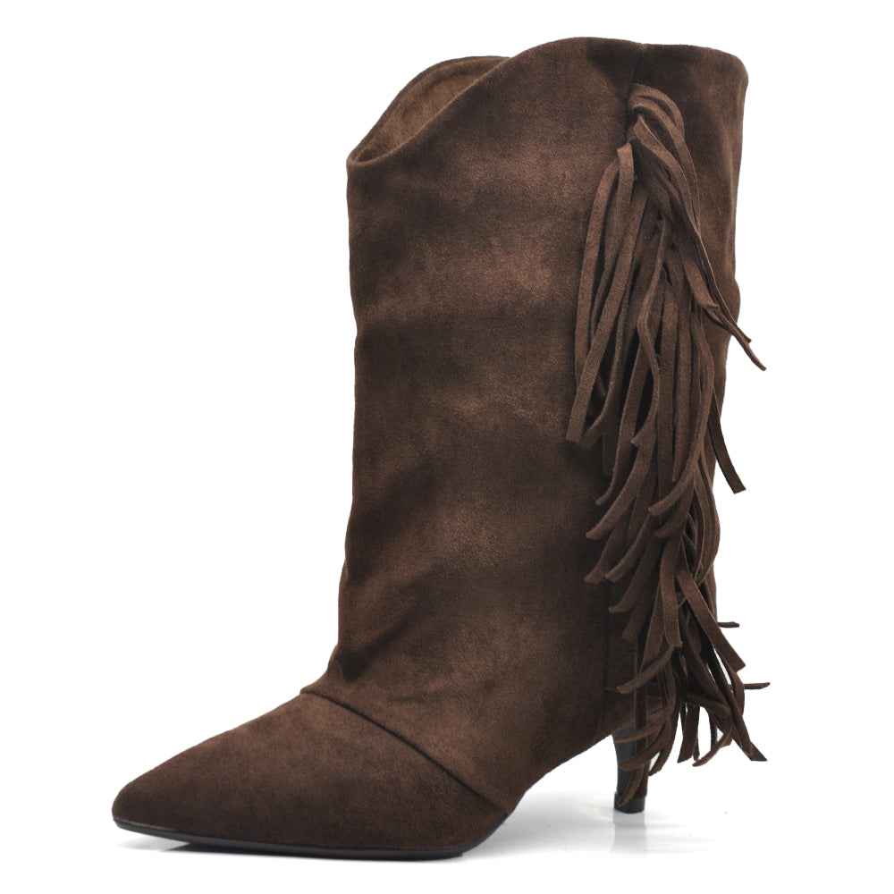 Stivali Donna Western con Frange e Gambale Largo – Stivaletti Texani Casual Tacco Medio GA055 nero marrone beige