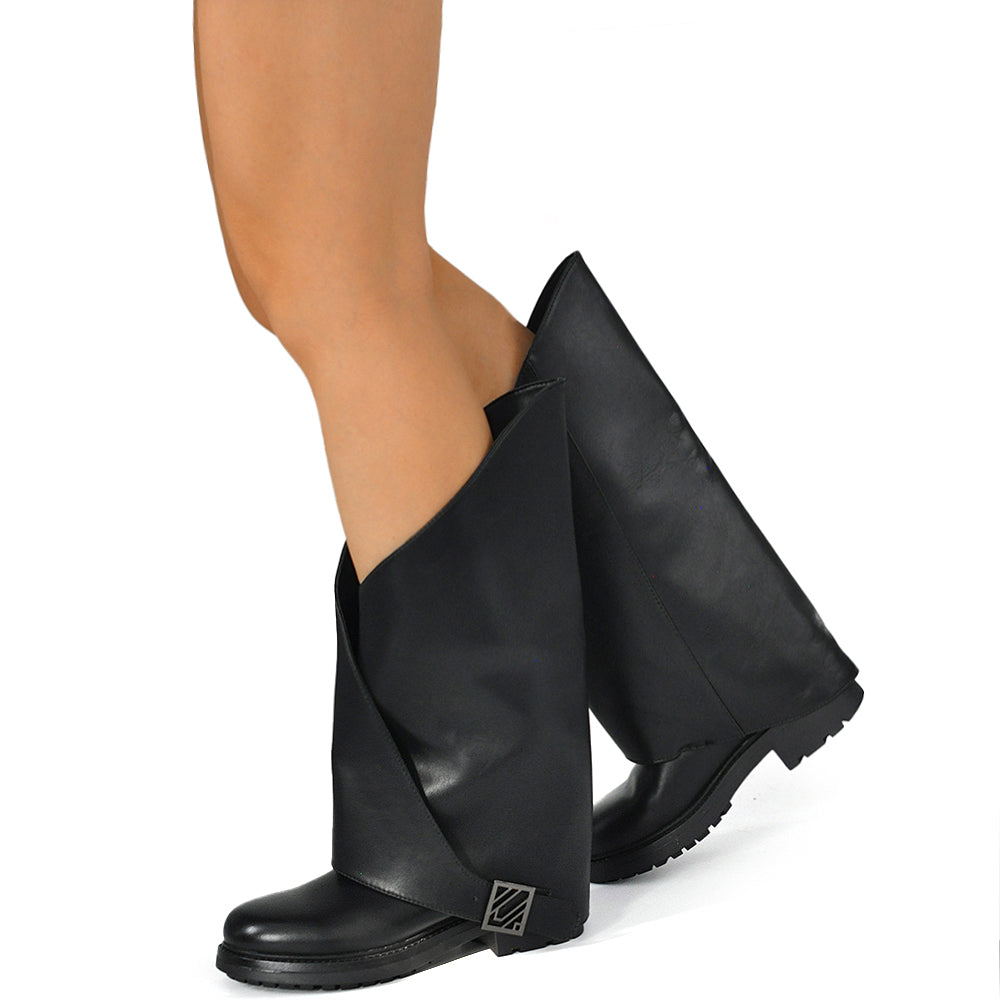 Stivali Biker da Donna Alti con Gambale Extra Largo con Fibbia Suola Carrarmato Antiscivolo Casual