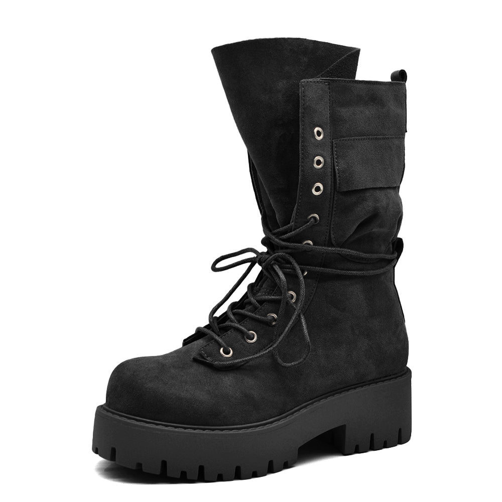 Stivali Anfibi Donna Platform con Lacci, Maxi Linguetta e Tasca Decorativa – Stivaletti Combat Casual con Suola Carrarmato 750