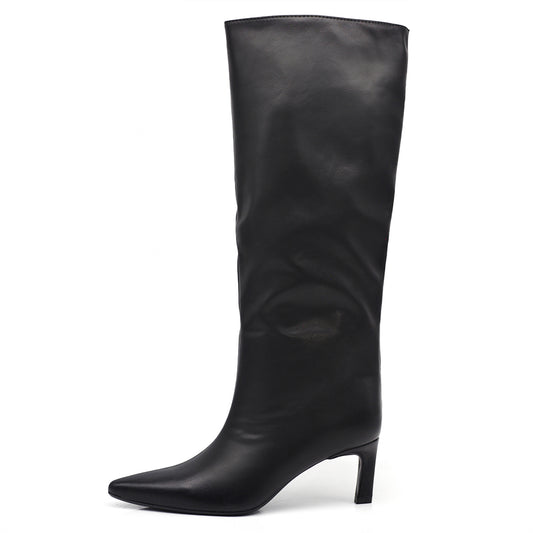 Stivali Alti Polpaccio Da Donna Con Tacco gattina KITTEN HEELS GA047 nero bianco