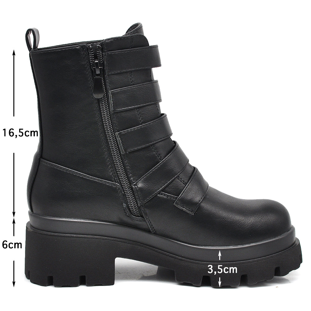 Stivali Stivaletti Platform Donna Anfibi combat boots multi fibbie Platform carrarmato  MP718 nero