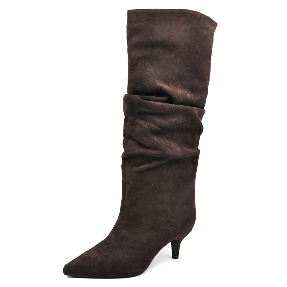 Stivali alti donna scamosciato con tacco basso a spillo gattina KITTEN HEELS arricciato elegante e confortevole A9811 beige marrone nero