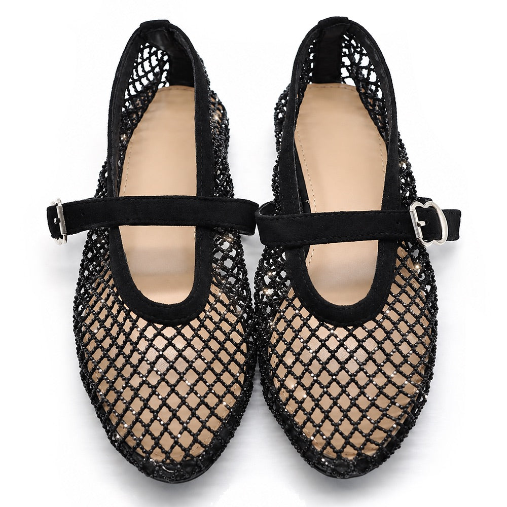 Ballerine Donna Mary Jane a Rete con Strass, Scarpe Basse Traforate con Cinturino e Fibbia, Ballerine Gioiello Eleganti