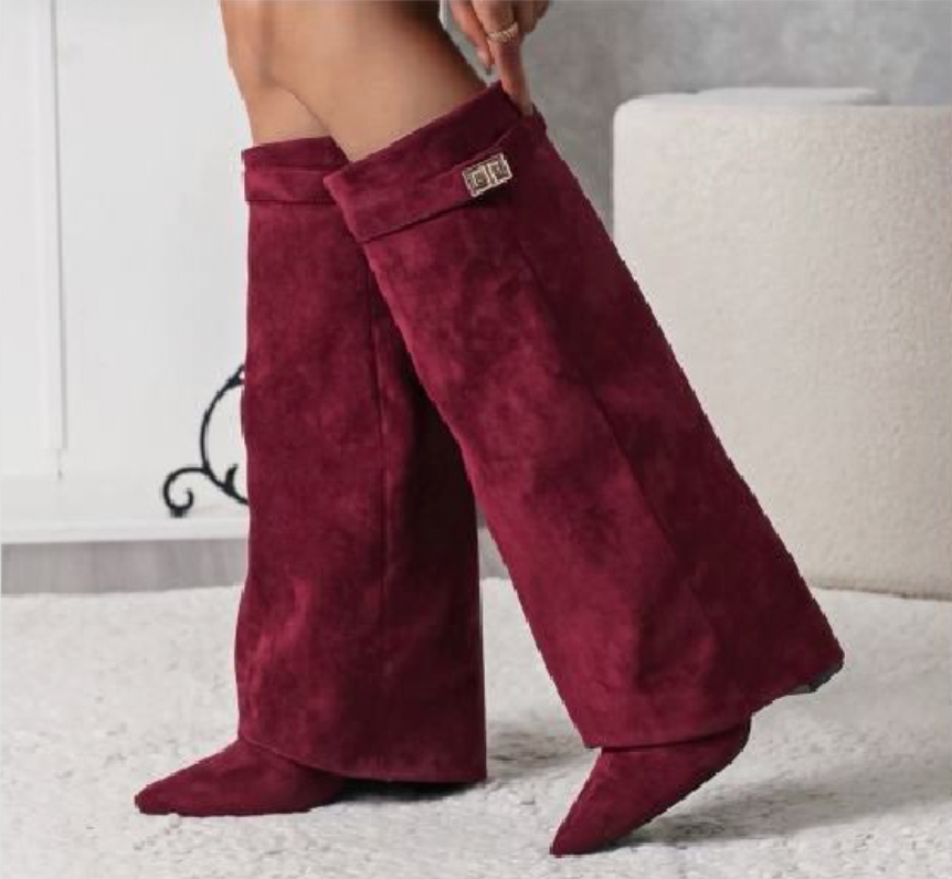 Stivali Donna A Punta  Tacco Alto Stile Western – Alti al Ginocchio Camoscio Sintetico 6885