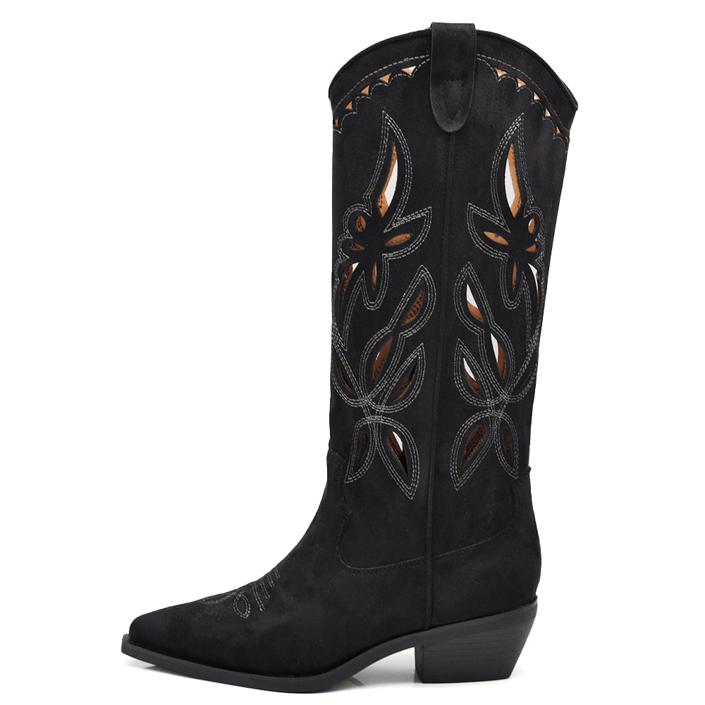 Stivali Alti Primaverili Texani Donna Traforati al Ginocchio – Stivaletti Western con Tacco Basso in gomma