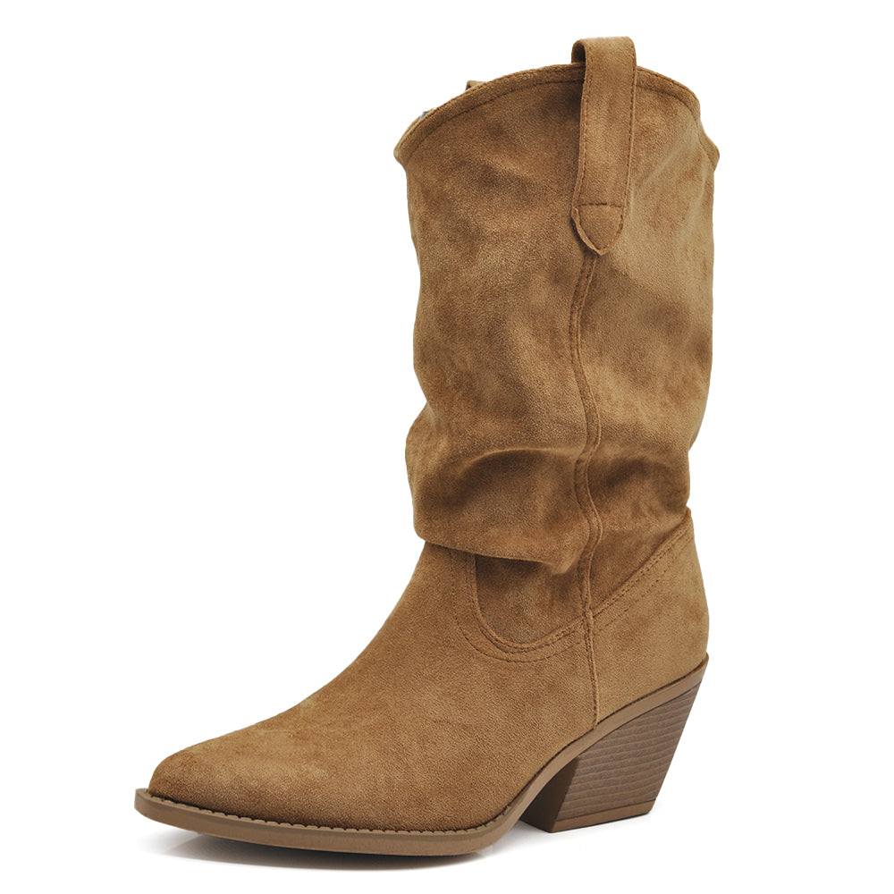 Stivali Texani Donna Camperos Slouchy Morbidi Arricciabili in Effetto Scamosciato con Tacco Largo e Punta Affusolata K0136