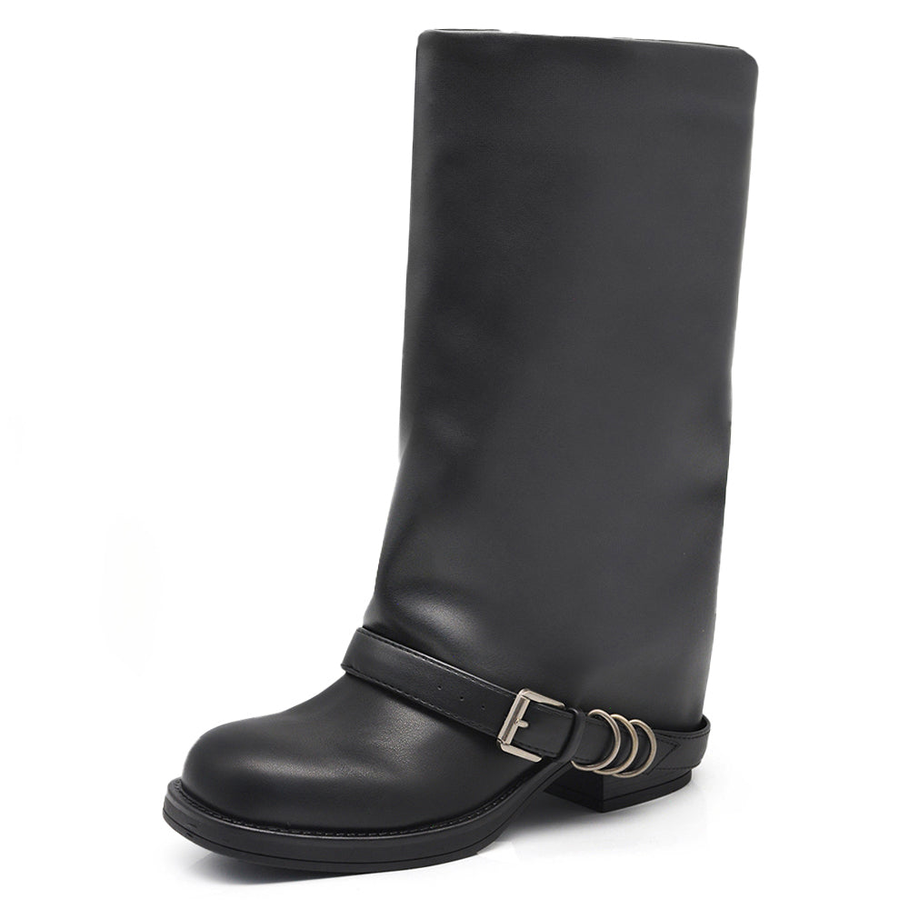 Stivali Da Donna Punta Quadrata Con Ghetta Risvolto cinturino decorativo MP2707-3 nero