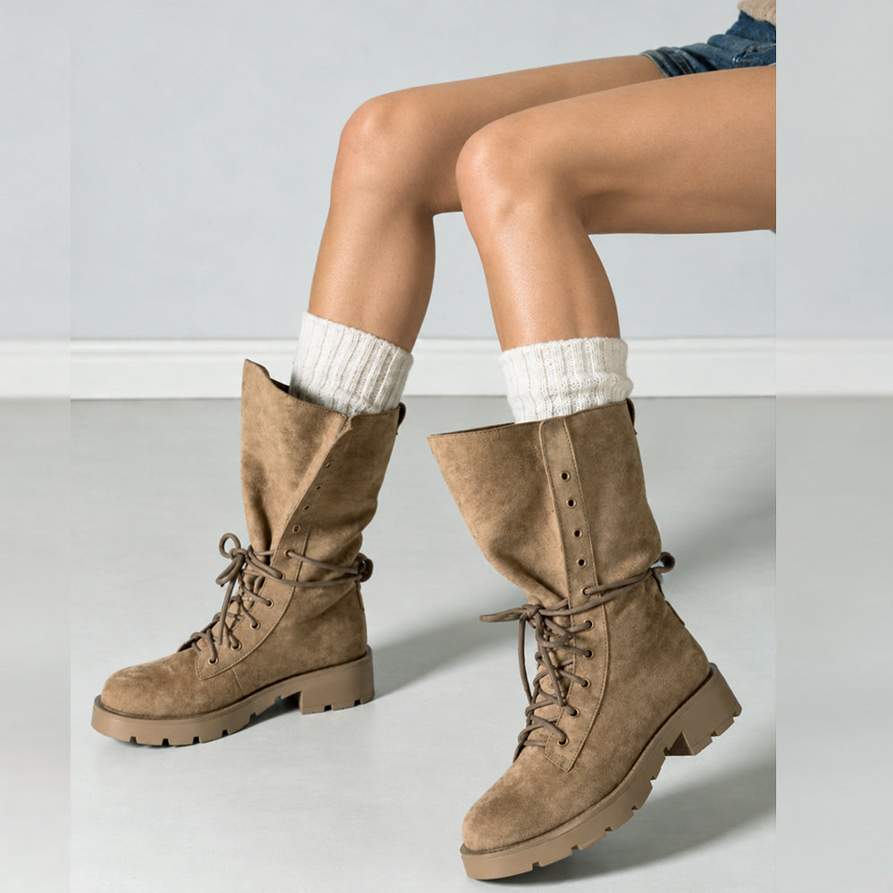 Stivali Donna Anfibi Alti Scamosciati con Lacci, Gambale Morbido e Ampio, Suola Chunky Carrarmato, Stivali Biker Casual 52280