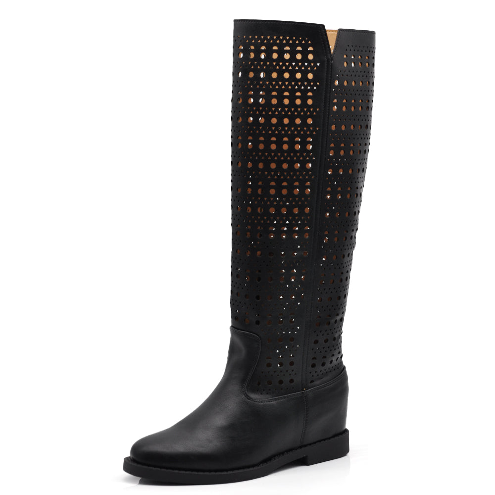 Stivali Scamosciati Estivi Primaverili Traforati da Donna Zeppa Interna – Stile Casual Chic
