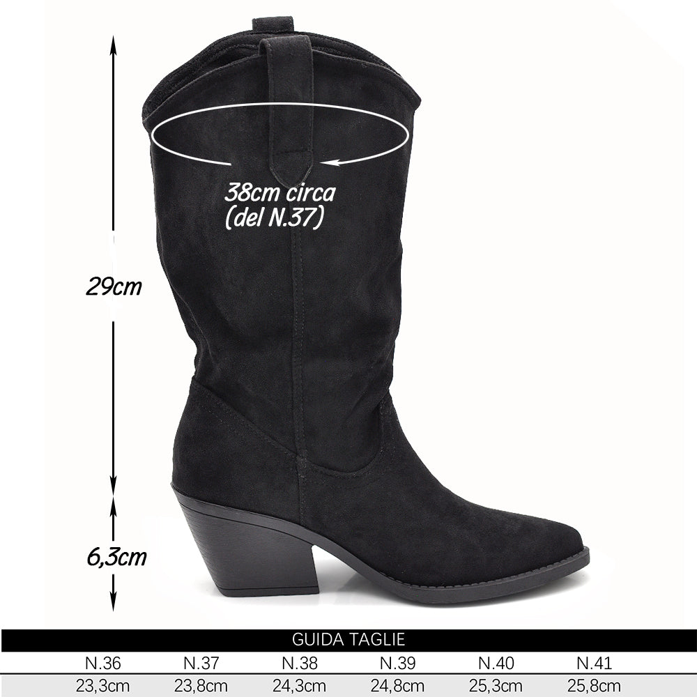 Stivali Texani Donna Camperos Slouchy Morbidi Arricciabili in Effetto Scamosciato con Tacco Largo e Punta Affusolata K0136