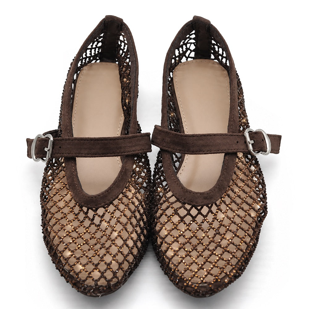 Ballerine Donna Mary Jane a Rete con Strass, Scarpe Basse Traforate con Cinturino e Fibbia, Ballerine Gioiello Eleganti
