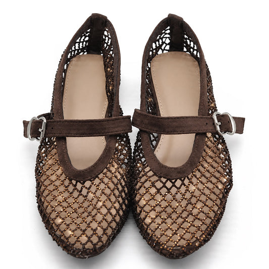 Ballerine Donna Mary Jane a Rete con Strass, Scarpe Basse Traforate con Cinturino e Fibbia, Ballerine Gioiello Eleganti