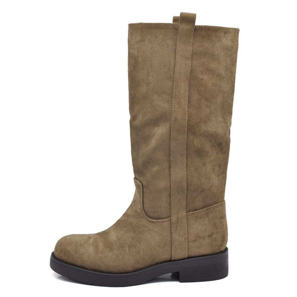 Stivali Biker Donna Alti con Gambale Dritto, Suola Chunky e Tacco Basso – Stivali Moto Casual