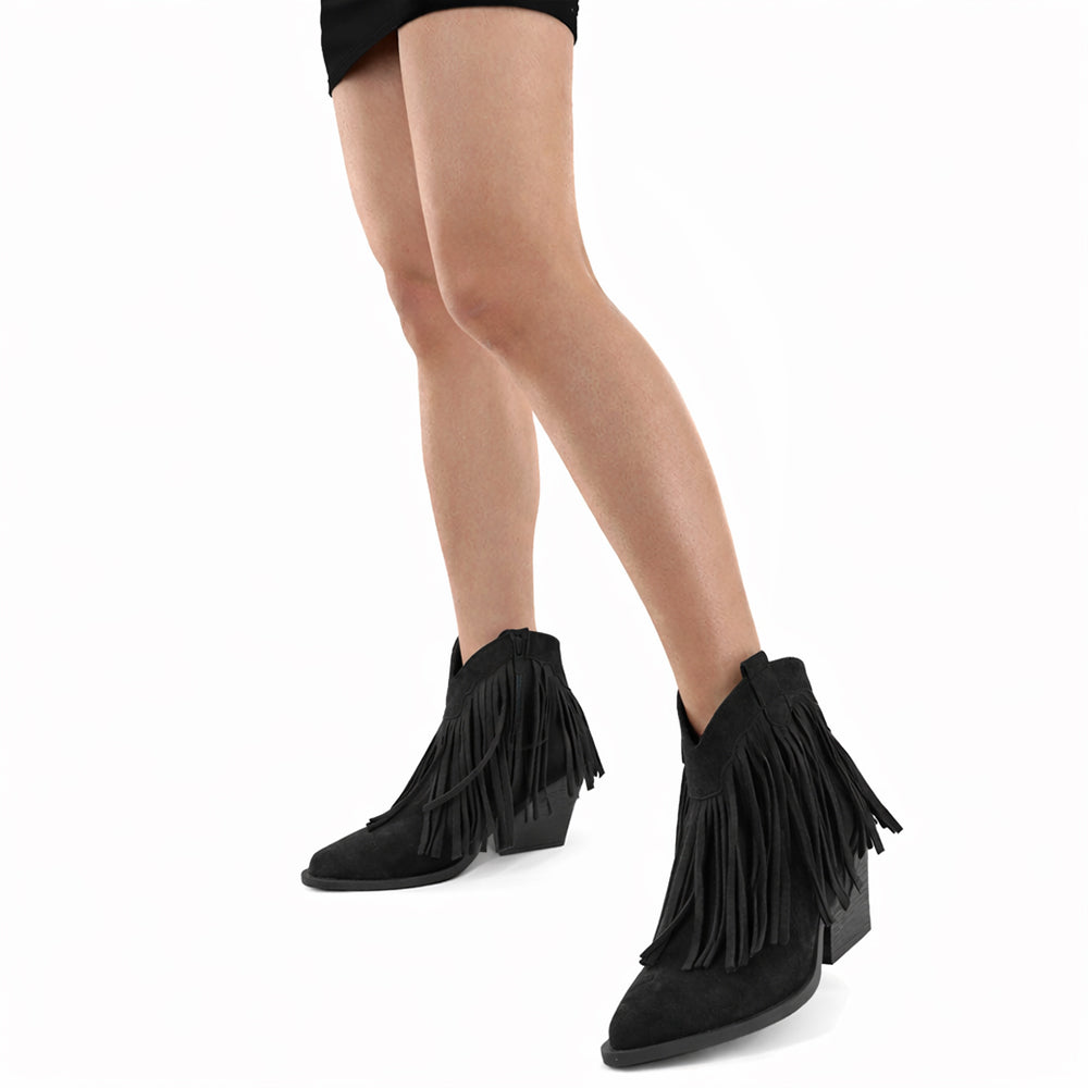 Stivaletti Donna con Frange Stile Western Texani – Tronchetti Casual con Tacco Medio,Camperos in Camoscio Sintetico