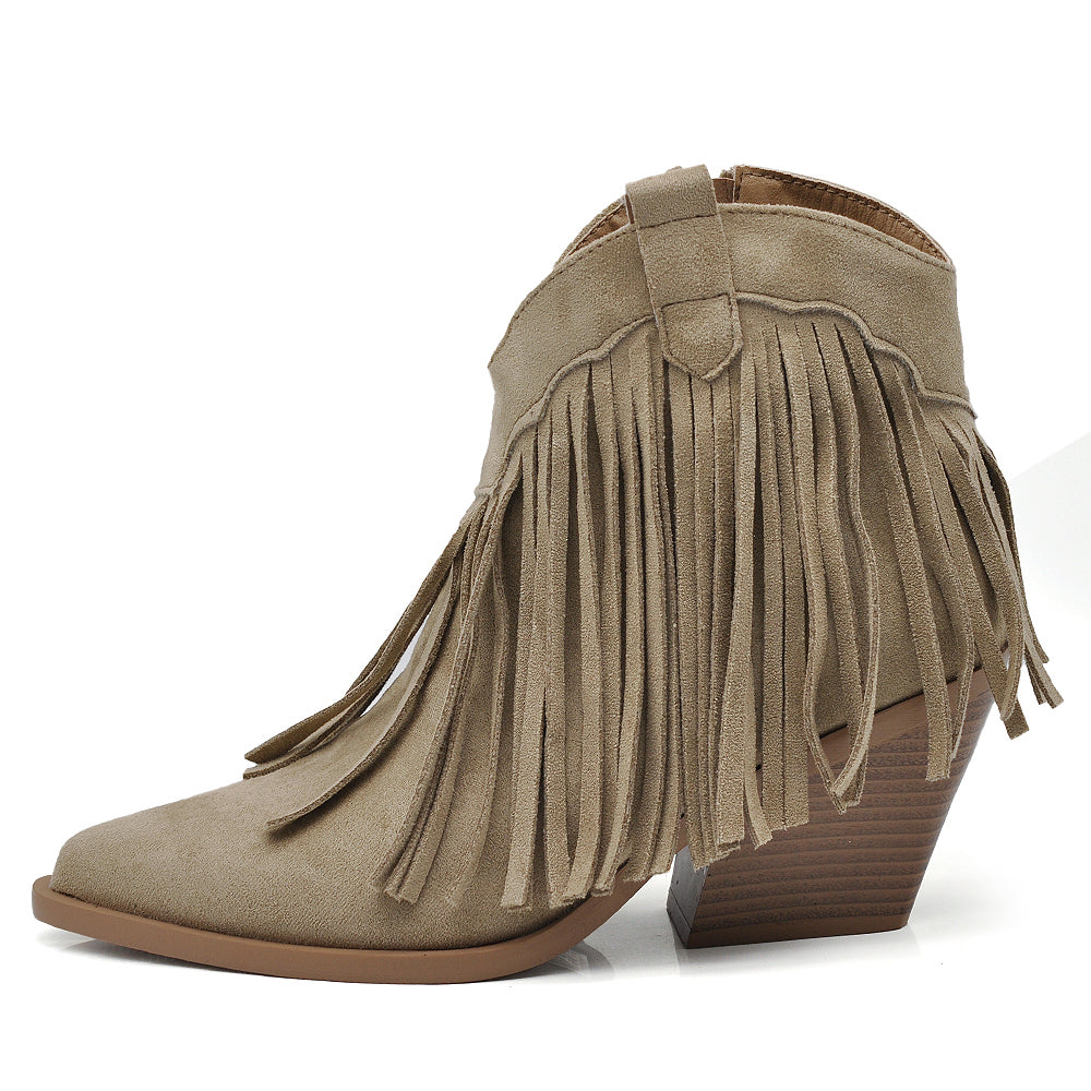 Stivaletti Donna con Frange Stile Western Texani – Tronchetti Casual con Tacco Medio,Camperos in Camoscio Sintetico