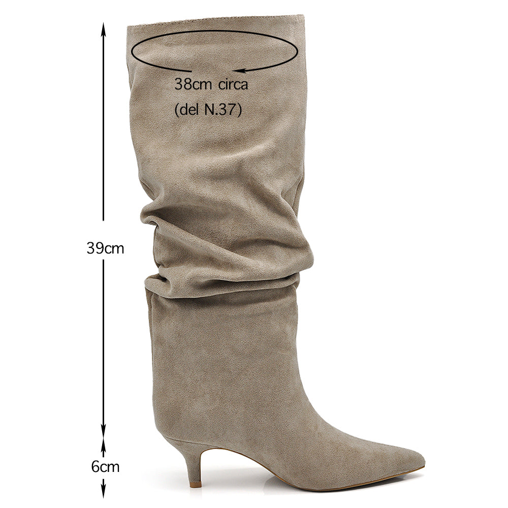 Stivali alti donna scamosciato con tacco basso a spillo gattina KITTEN HEELS arricciato elegante e confortevole A9811 beige marrone nero