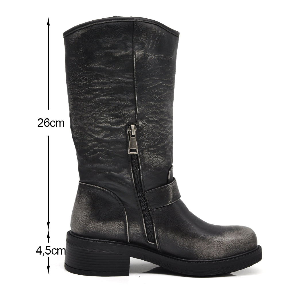 Stivali Biker Motociclista da Donna con Fibbia Effetto Vintage MP2743-4 nero marrone