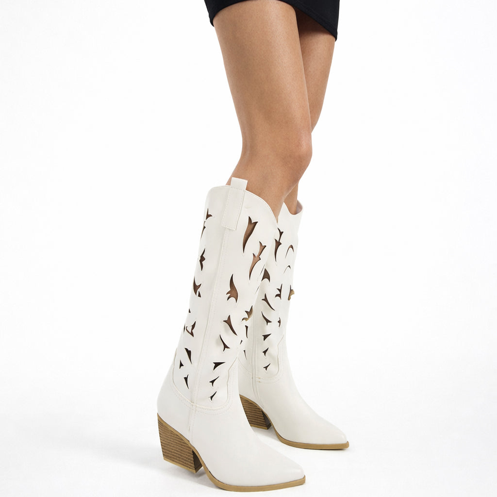 Stivali Alti Primaverili Texani Donna Traforati al Ginocchio – Stivaletti Western con Tacco Medio