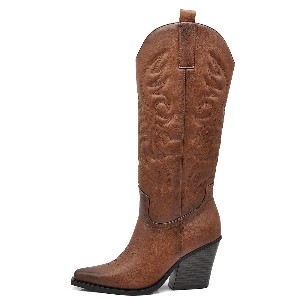 Stivali Texani Donna al Ginocchio con Tacco Largo – Stivali Western Eleganti
