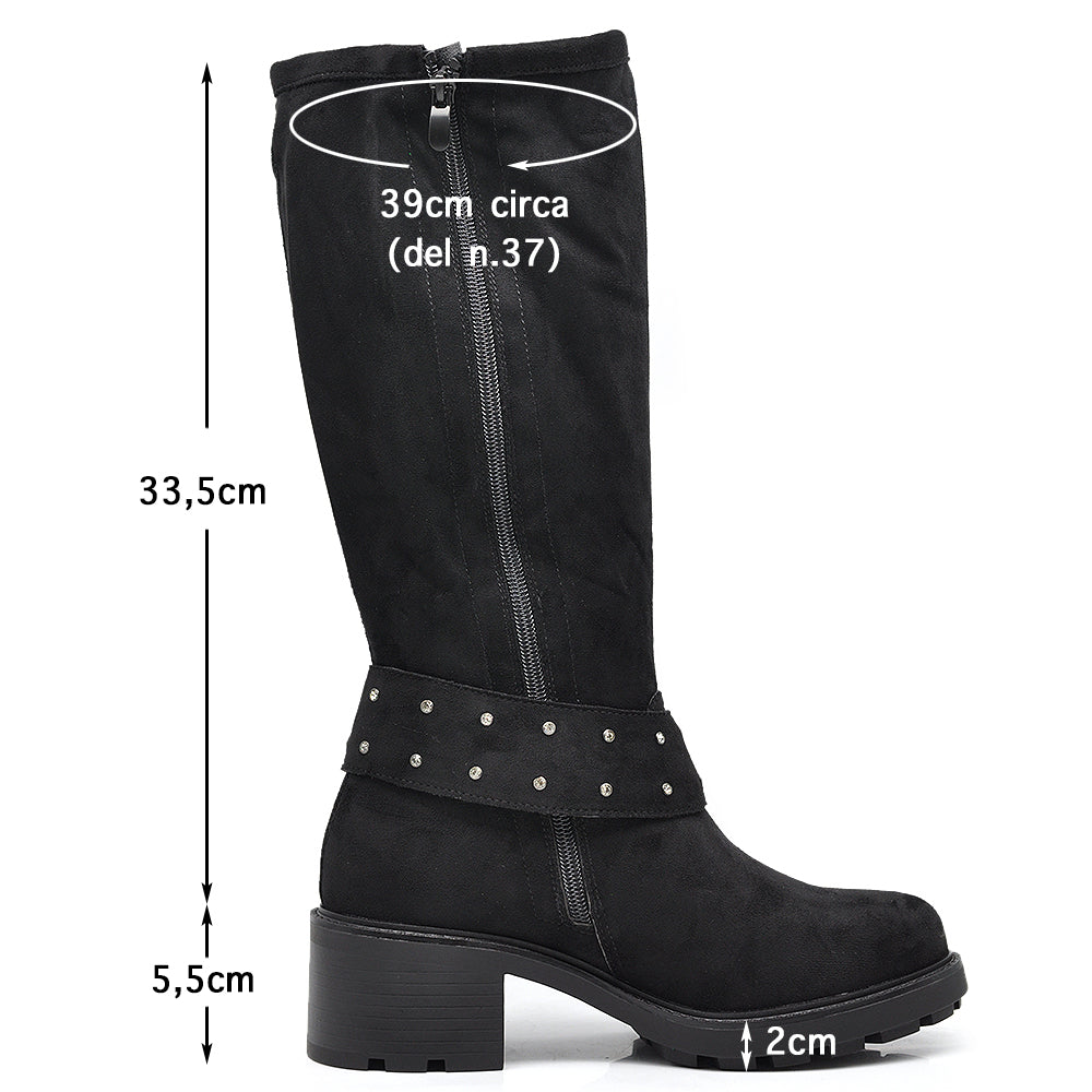 Stivali Biker Motociclista da Donna Al Polpaccio Con Cinghia Staccabile Fibbia Strass Camoscio Doppio Uso GR-6662 nero camel