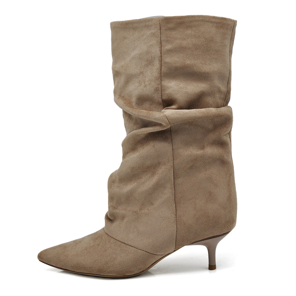 Stivali al polpaccio da donna scamosciato con tacco basso a spillo gattina KITTEN HEELS arricciato elegante e confortevole R707
