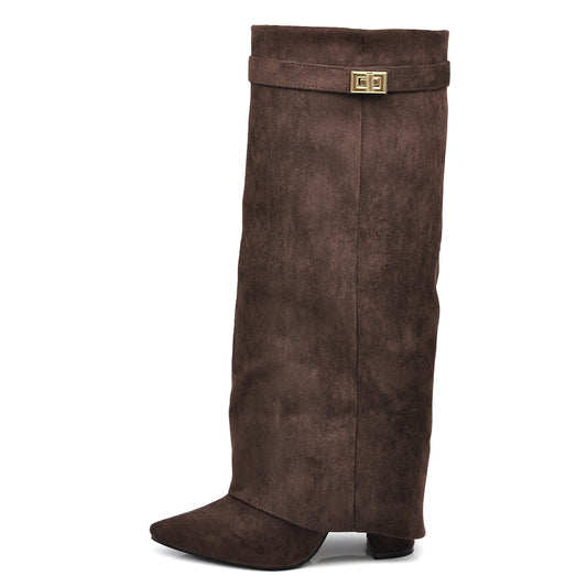 Stivali Donna A Punta  Tacco Alto Stile Western – Alti al Ginocchio Camoscio Sintetico 6885