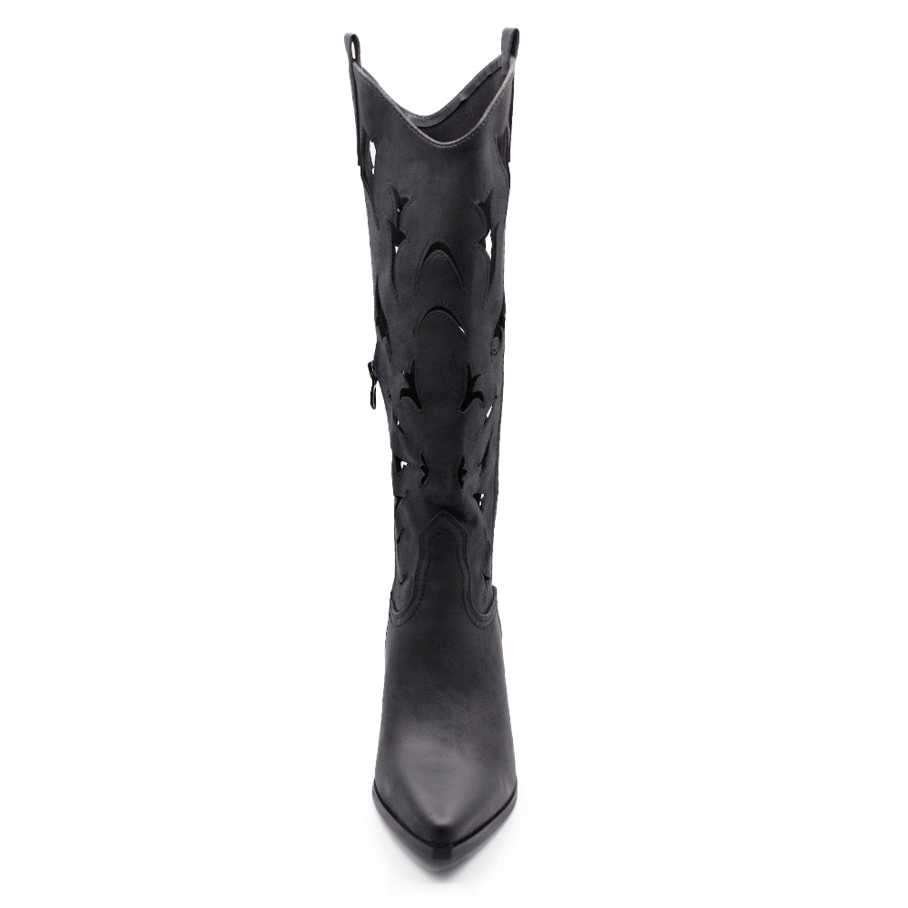 Stivali Alti Primaverili Texani Donna Traforati al Ginocchio – Stivaletti Western con Tacco Medio