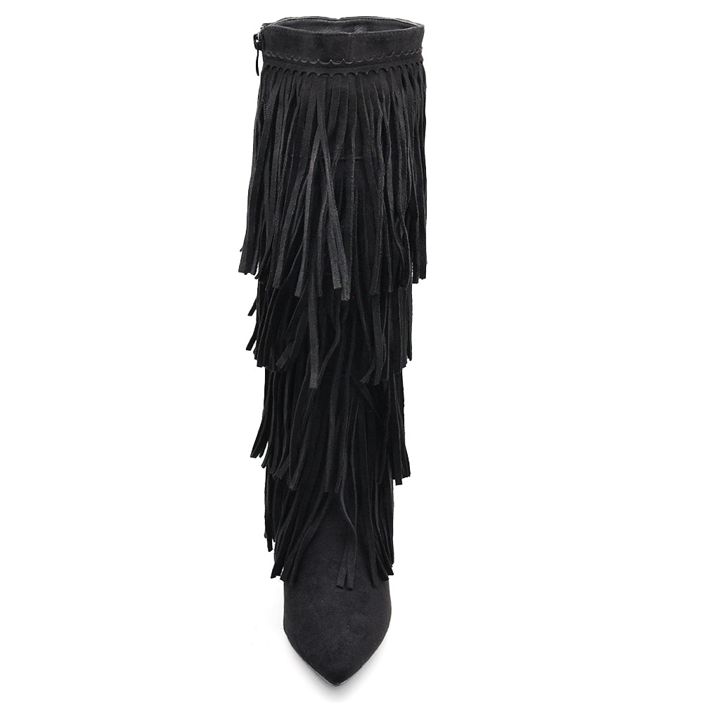 Stivali alti con 3 strati di frange in stile western a punta e tacco a spillo camoscio sintetico GA049