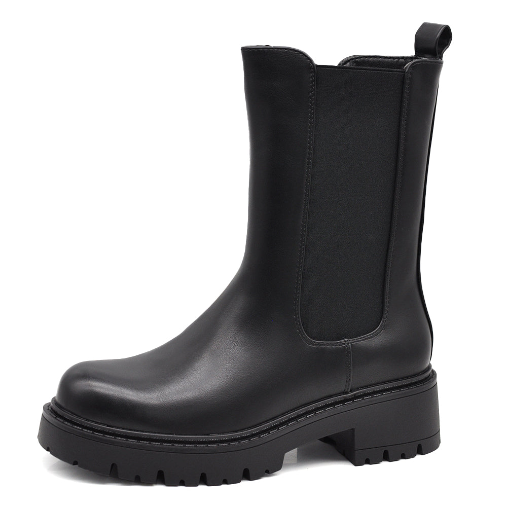 Stivaletti Donna Chelsea con Elastico e Zip Laterale, Suola Carrarmato Spessa, Tacco Largo e Punta Tonda G703