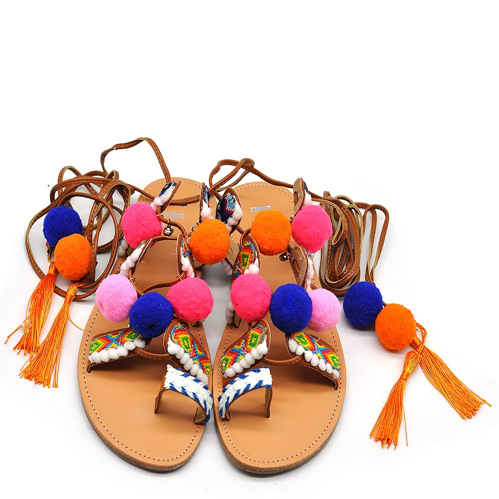 Scarpe Sandali Da Donna Schiava Ibiza Pom Pom Bohémien Frange Colorate IF1317