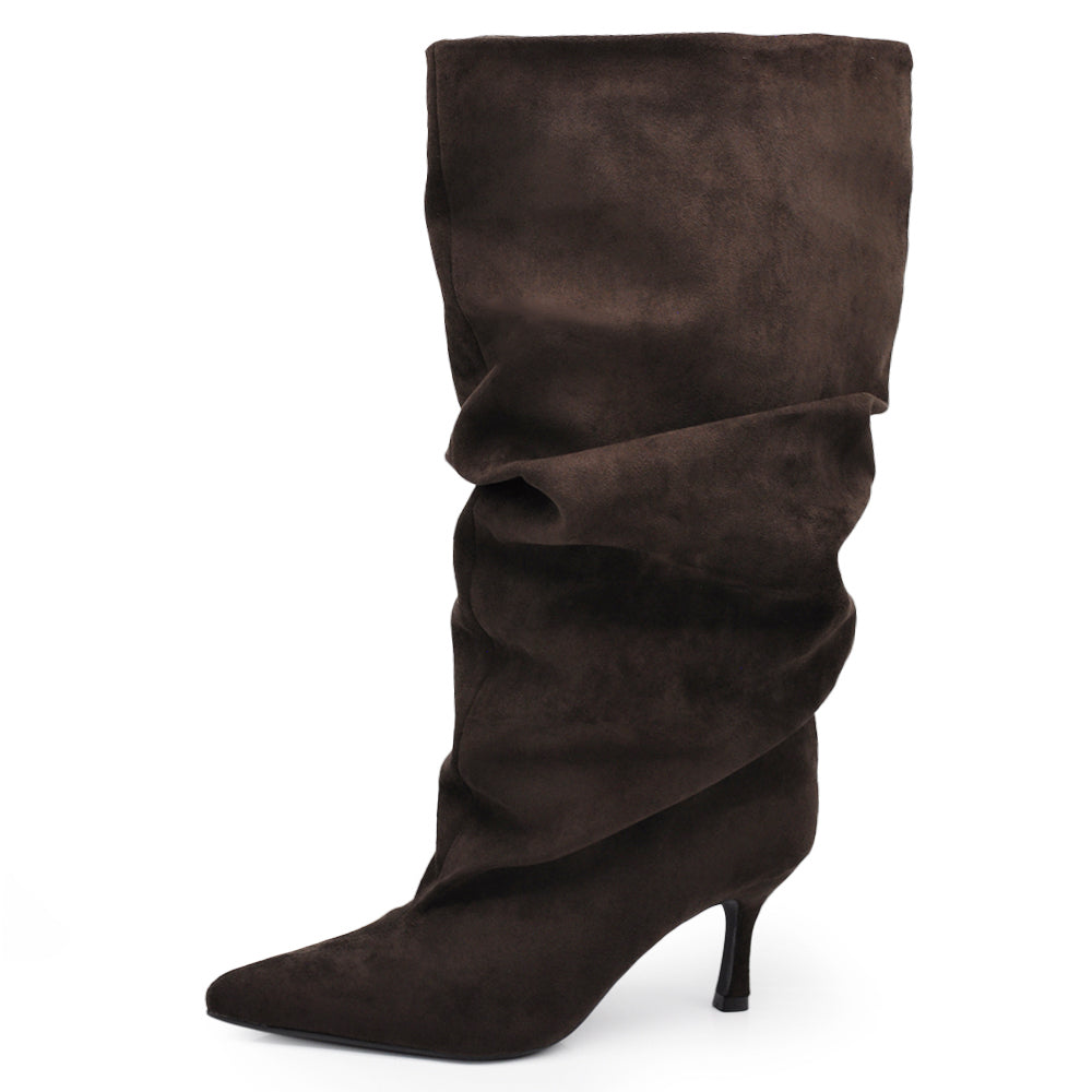 Stivali da Donna con Gambale Extra Largo Arricciato Slouchy a Punta con Tacco Medio