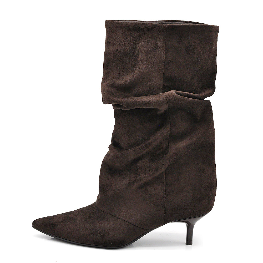 Stivali al polpaccio da donna scamosciato con tacco basso a spillo gattina KITTEN HEELS arricciato elegante e confortevole R707