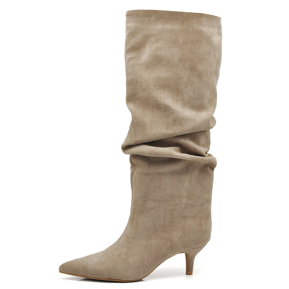 Stivali alti donna scamosciato con tacco basso a spillo gattina KITTEN HEELS arricciato elegante e confortevole A9811 beige marrone nero