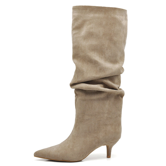 Stivali alti donna scamosciato con tacco basso a spillo gattina KITTEN HEELS arricciato elegante e confortevole A9811 beige marrone nero