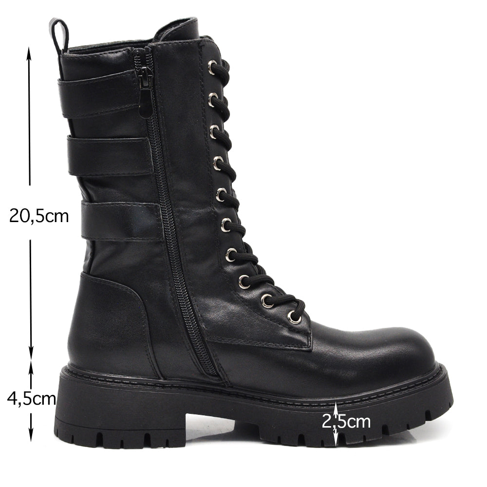 Stivali da donna stile combat con lacci multi fibbie look punk/gotico casual RQY148 nero