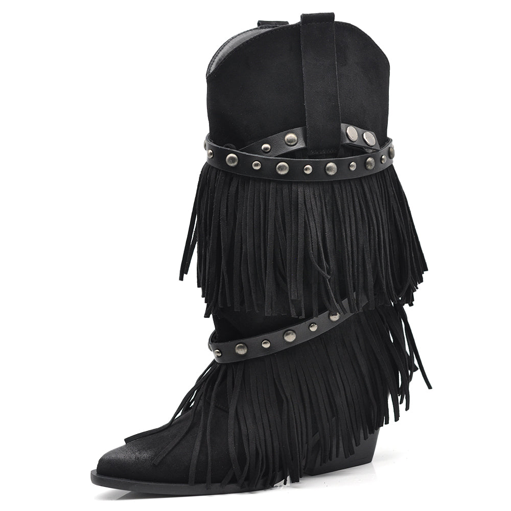 Stivali Texani Donna Western con Borchie e Frange Rimovibili a 3 Strati Tacco Medio nero marrone khaki