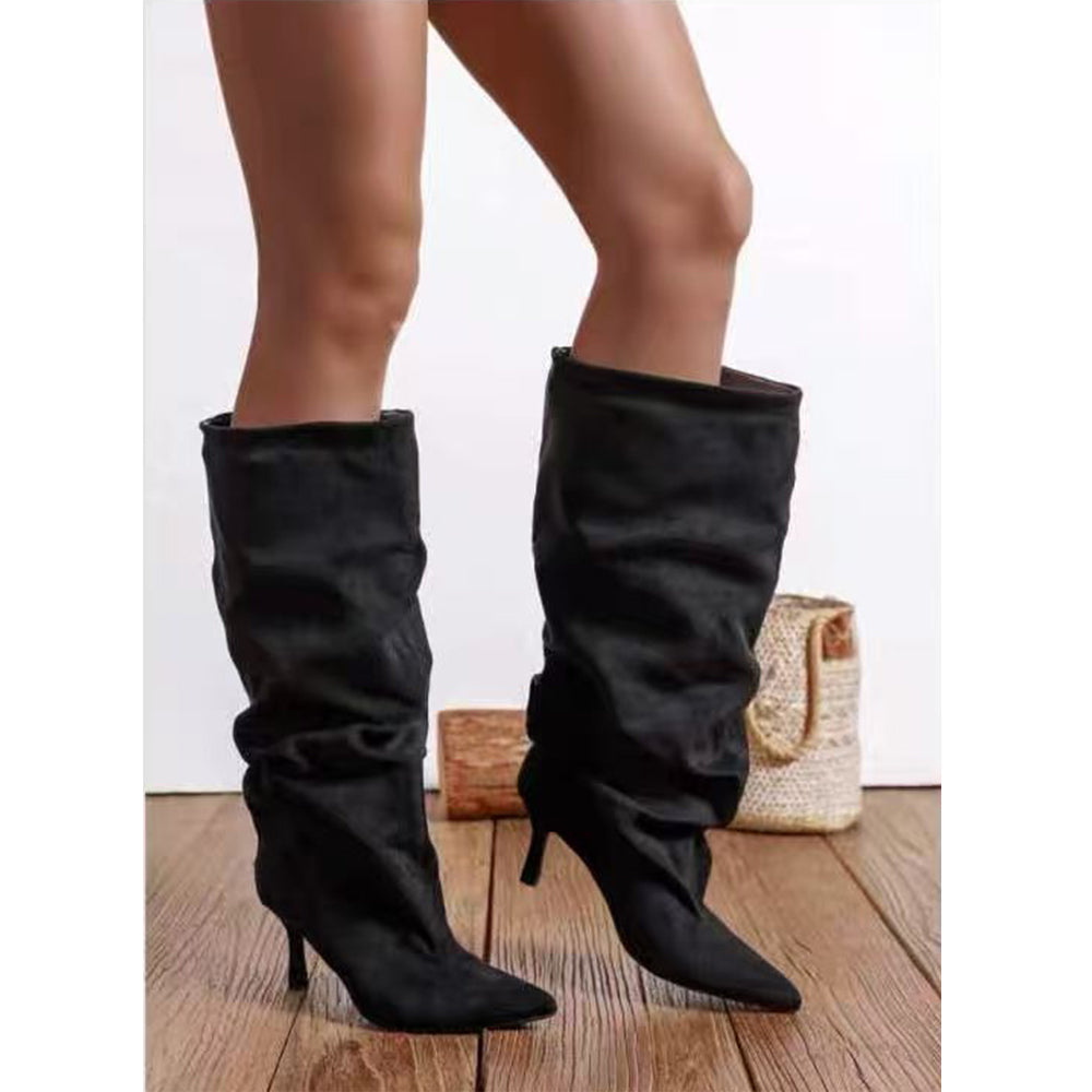 Stivali da Donna con Gambale Extra Largo Arricciato Slouchy a Punta con Tacco Medio