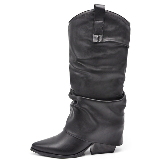 Scarpe da Donna Stivali al Polpaccio Arricciati Con Ghette A Punta G708