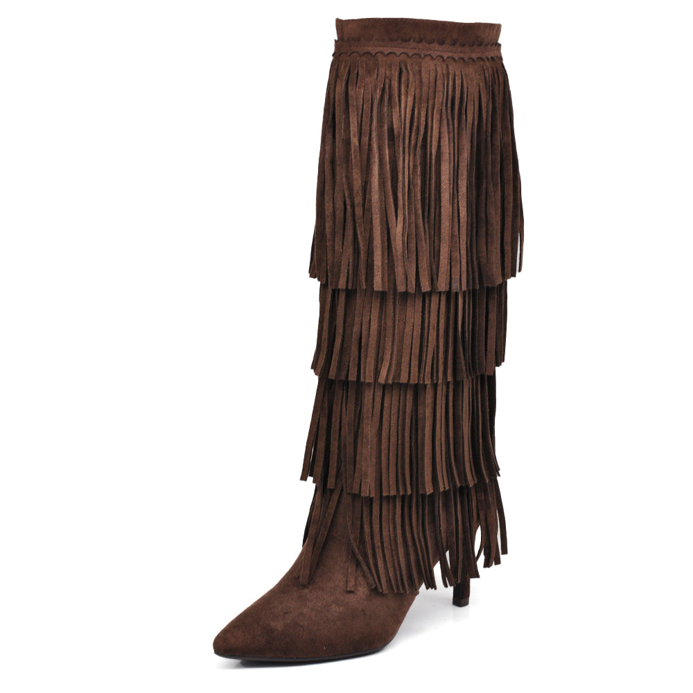 Stivali alti con 3 strati di frange in stile western a punta e tacco a spillo camoscio sintetico GA049