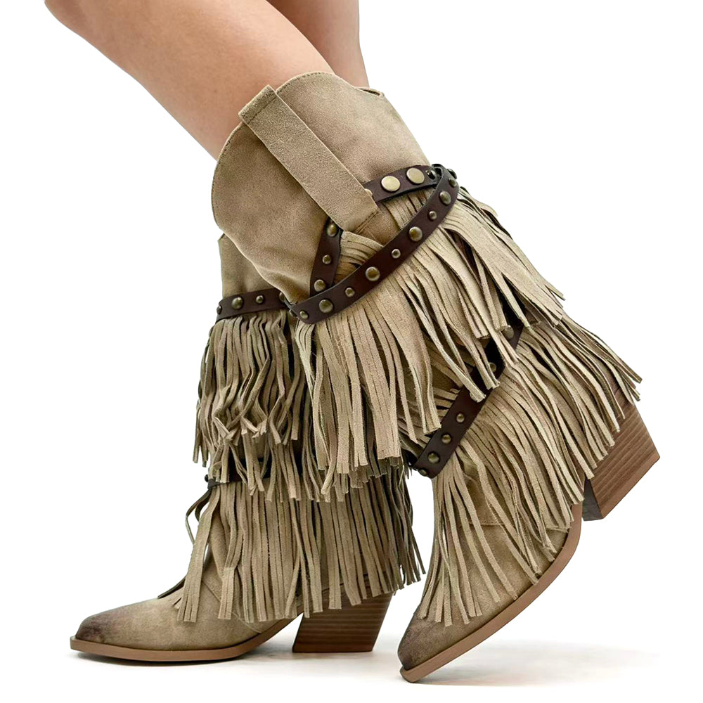 Stivali Texani Donna Western con Borchie e Frange Rimovibili a 3 Strati Tacco Medio nero marrone khaki