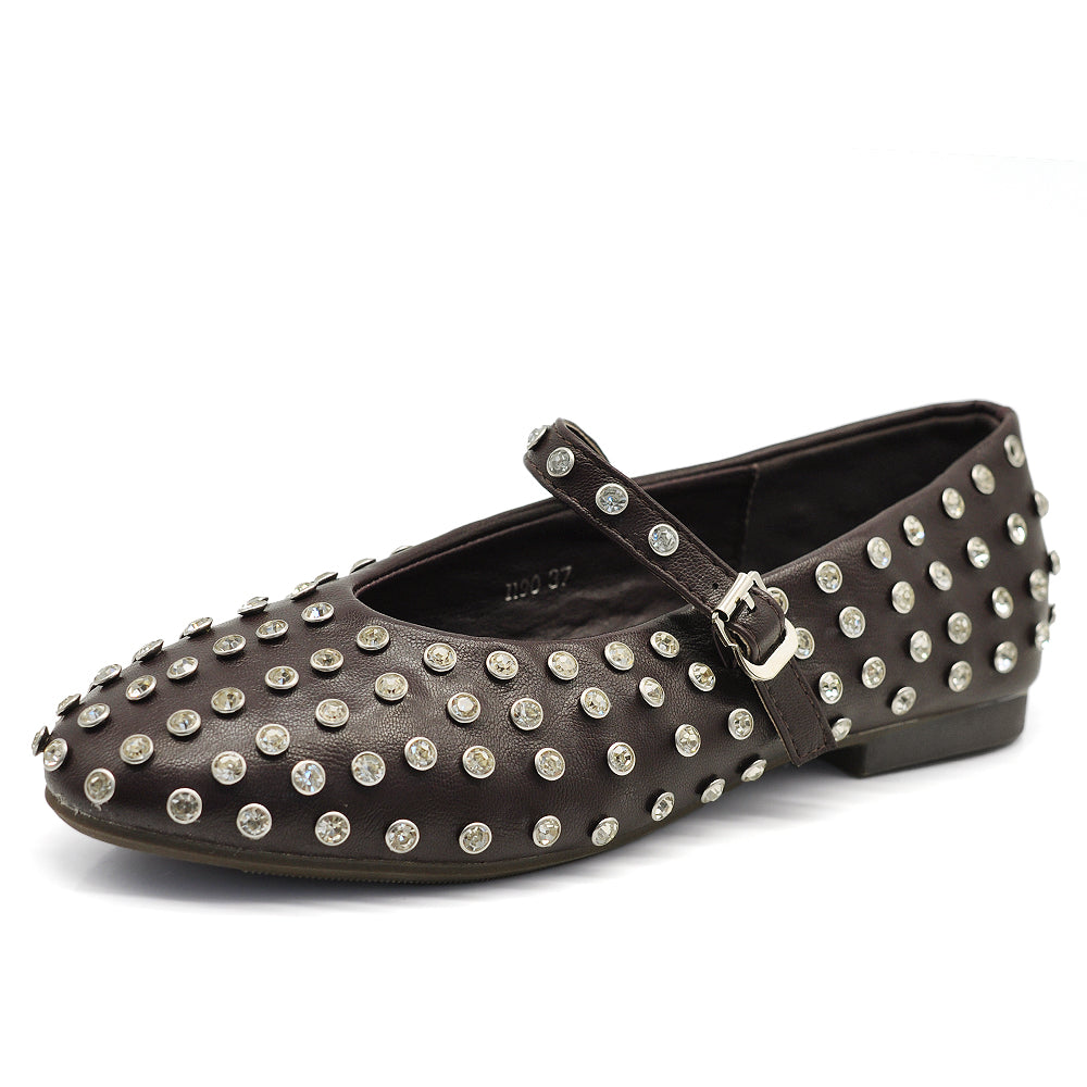 Mary Jane Ballerine con Cinturino Borchie e Strass Brillantini Punta Tonda in Pelle H90