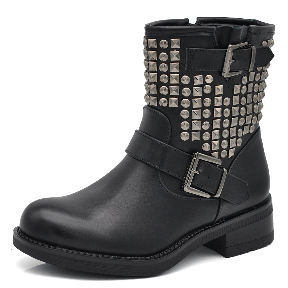 Stivali Stivaletti Donna Caviglia Anfibi Borchie Motociclista Biker S189 nero