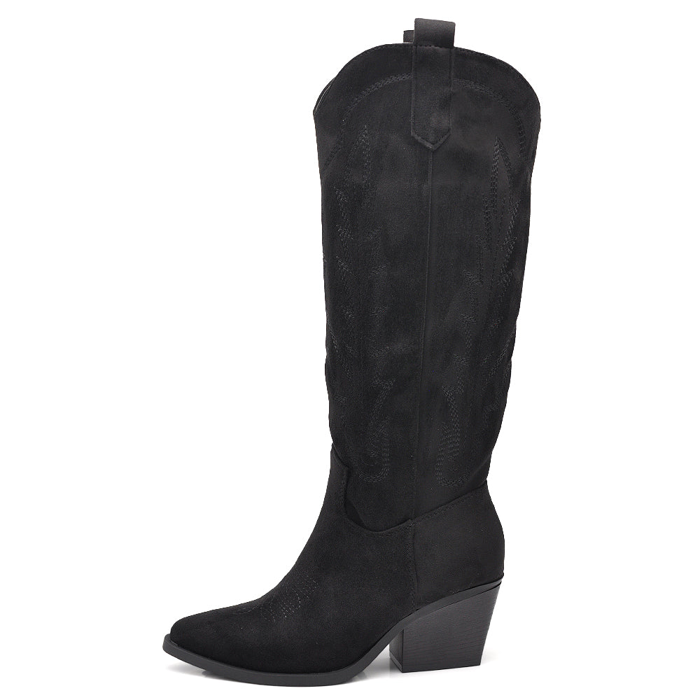 Stivali Alti Texani Donna al Ginocchio con Tacco Largo – Stivali Western Leggeri in Materiale Camoscio Sintetico