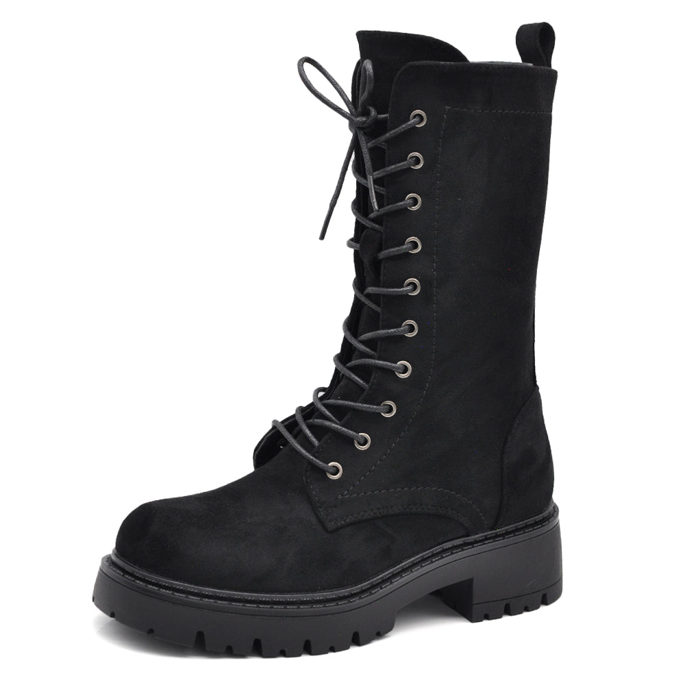 Titolo prodotto: Stivali Anfibi Donna Alti Stringati con Suola Carrarmato e Zip Laterale – Combat Boots Biker